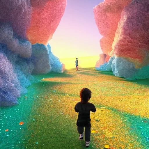 Prompt: a child walking down a liminal styled space stunning sunset in a heavenly crystallized garden of eden notan 3 d architecture single point perspective f 2 2 untra long shot wide angle lens trending on artstation