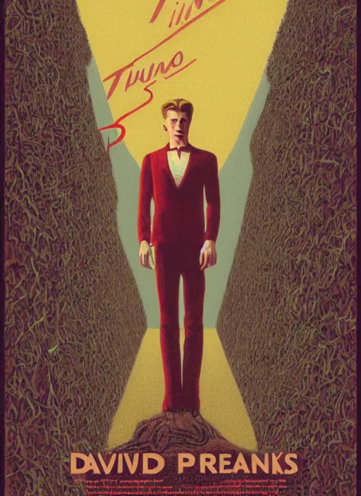 Prompt: twin peaks poster art, david bowie stands before the maze, old retro pulp, by michael whelan, rossetti bouguereau, artgerm, retro, nostalgic, old fashioned