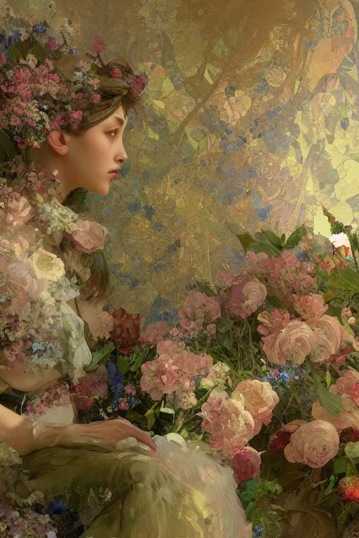 Image similar to an intricate artistic painting of a beautiful wallpaper art pattern made of elegant flowers with painterly motives and textures, hyper detailed, octane render, vivid colors, artstation, by jeremy mann, by alphonse mucha