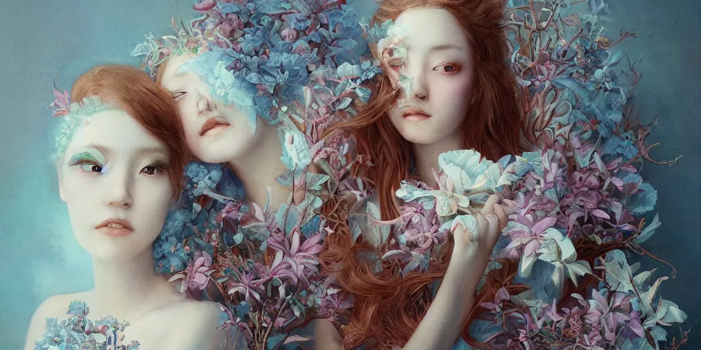 Image similar to breathtaking detailed concept art painting blend of two redhair goddess of light blue flowers by hsiao - ron cheng with anxious piercing eyes, vintage illustration pattern with bizarre compositions blend of flowers and fruits and birds by beto val and john james audubon, exquisite detail, extremely moody lighting, 8 k