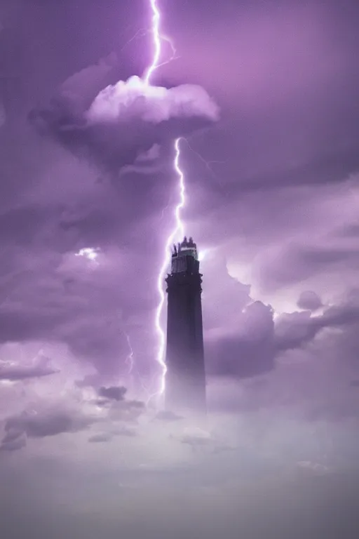 Image similar to strange and ominous clouds with lightning and a tower rising through the mist, vapor wave