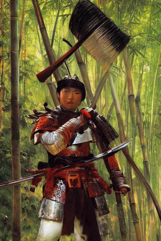 Image similar to close up of samurai warrior in full armor, in a bamboo forest, by vladimir volegov and alexander averin and delphin enjolras and daniel f. gerhartz