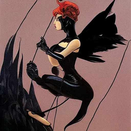 Image similar to dark swan queen, black hair, black feathers instead of hair, gothic, red lips, feathers growing out of skin, black fingers with black claws, bird feet, black bodysuit, disney villain, dark fae, moulting, suspended in zero gravity, on spaceship with cables hanging down, highly detailed, mucha, mike mignogna, comic book, illustration