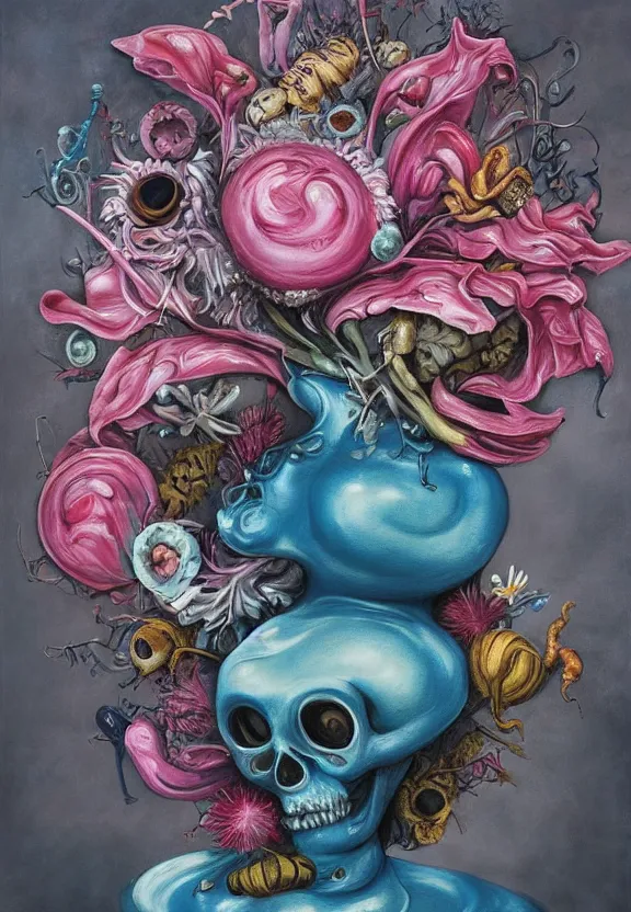 Prompt: a biomorphic painting of a vase with flowers and eyeballs, a surrealist painting by marco mazzoni, by dorothea tanning, pastel blues and pinks, lips, melting, plastic, skull, bees, trending on artstation, metaphysical painting, oil on canvas, fluid acrylic pour art, airbrush art, seapunk, rococo, lovecraftian