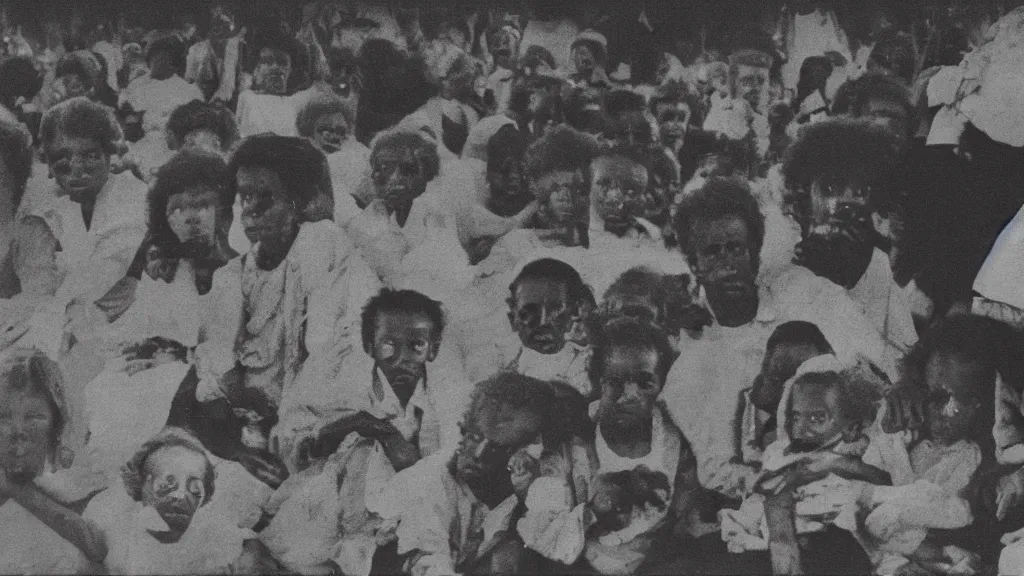 Prompt: a photo of the 1 9 8 4 famine and live - aid in ethiopia as seen through a tv screen, dark, moody, 8 k