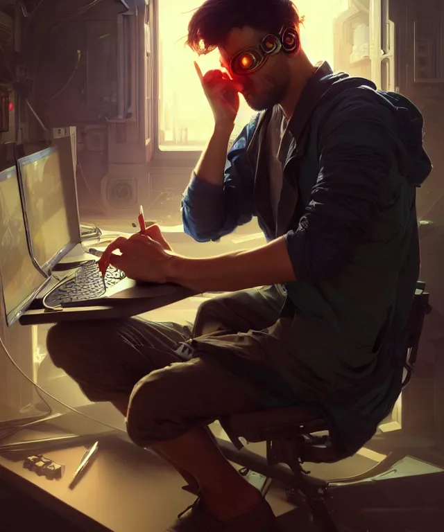 Image similar to Hacker man hacks computer, highly detailed, digital painting, artstation, concept art, smooth, sharp focus, illustration, art by artgerm and greg rutkowski and alphonse mucha