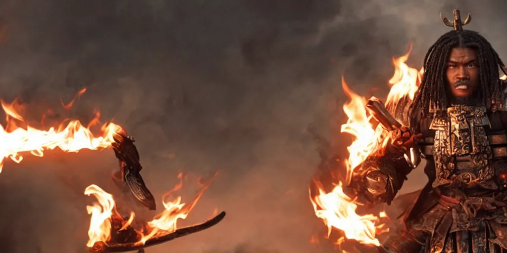Image similar to a film still of a black man starring in a japanese blockbuster film as ancient evil samurai with fire powers, shallow depth of field, cinematic, award winning cgi, vfx, film still