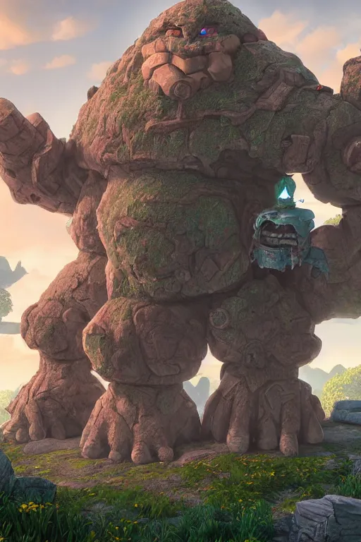 Image similar to zelda fantasy art giant golem troll wood rock greeble gemstone, global illumination ray tracing hdr fanart arstation by sung choi and eric pfeiffer and gabriel garza and casper konefal