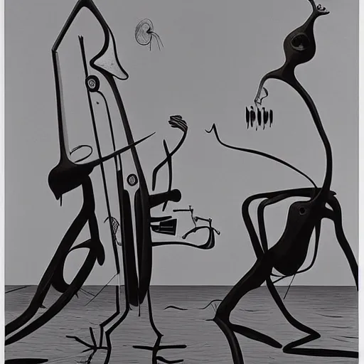 Image similar to Two extremely tall mechanical beings in a deep conversation. Dali. Yves Tanguy.