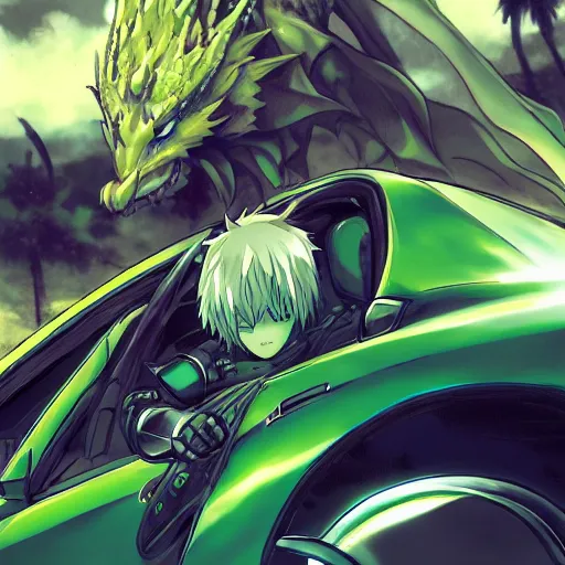 Prompt: blue knight in a green hatchback car, close up, anime, desert landscape, greg manchess, akehiko inoue and ross tran, Pyromallis Nekro Rene Margitte, Murata, one punch man manga, fight dragon