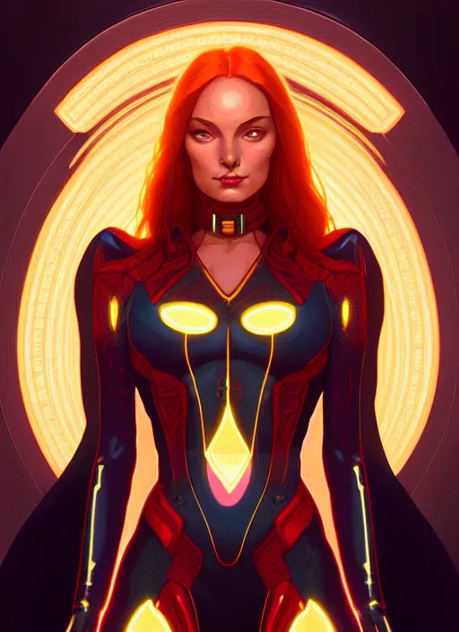 Image similar to symmetry portrait of jean grey from 9 0 s x - men, glowing lights, intricate, elegant, highly detailed, digital painting, artstation, concept art, smooth, sharp focus, illustration, art by artgerm and greg rutkowski and alphonse mucha