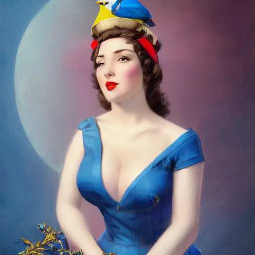 Image similar to a songbird wearing a crown, an indigo bunting, bird, blue canary, wearing a crown and bowtie by greg rutkowski, rossdraws, gil elvgren, enoch bolles, anime, very coherent