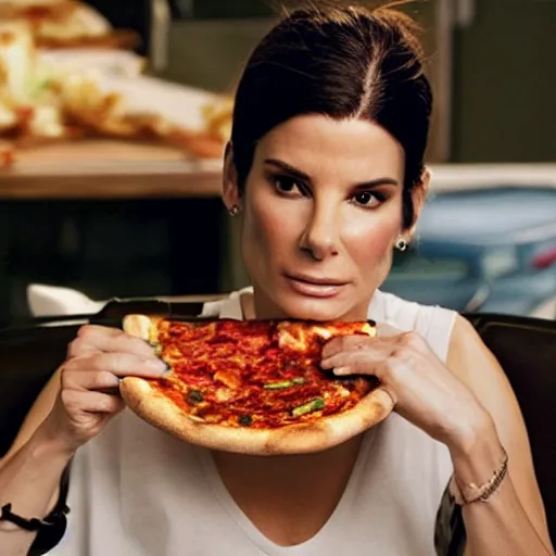 Image similar to sandra bullock eating pizza concept art, ultra realistic, digital art, rich deep colors, smooth shadows, high resolution, cinematic