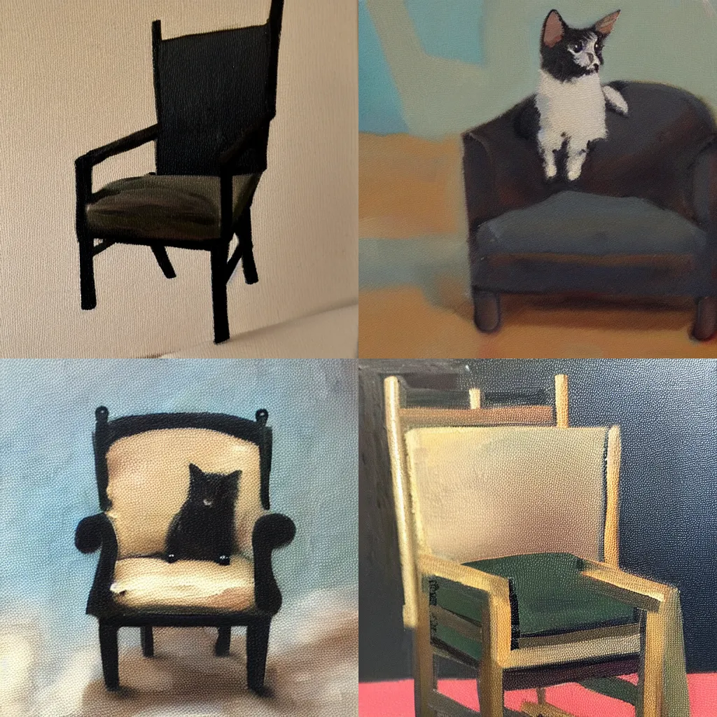 Prompt: oil painting of a tiny black kitting on a very large chair
