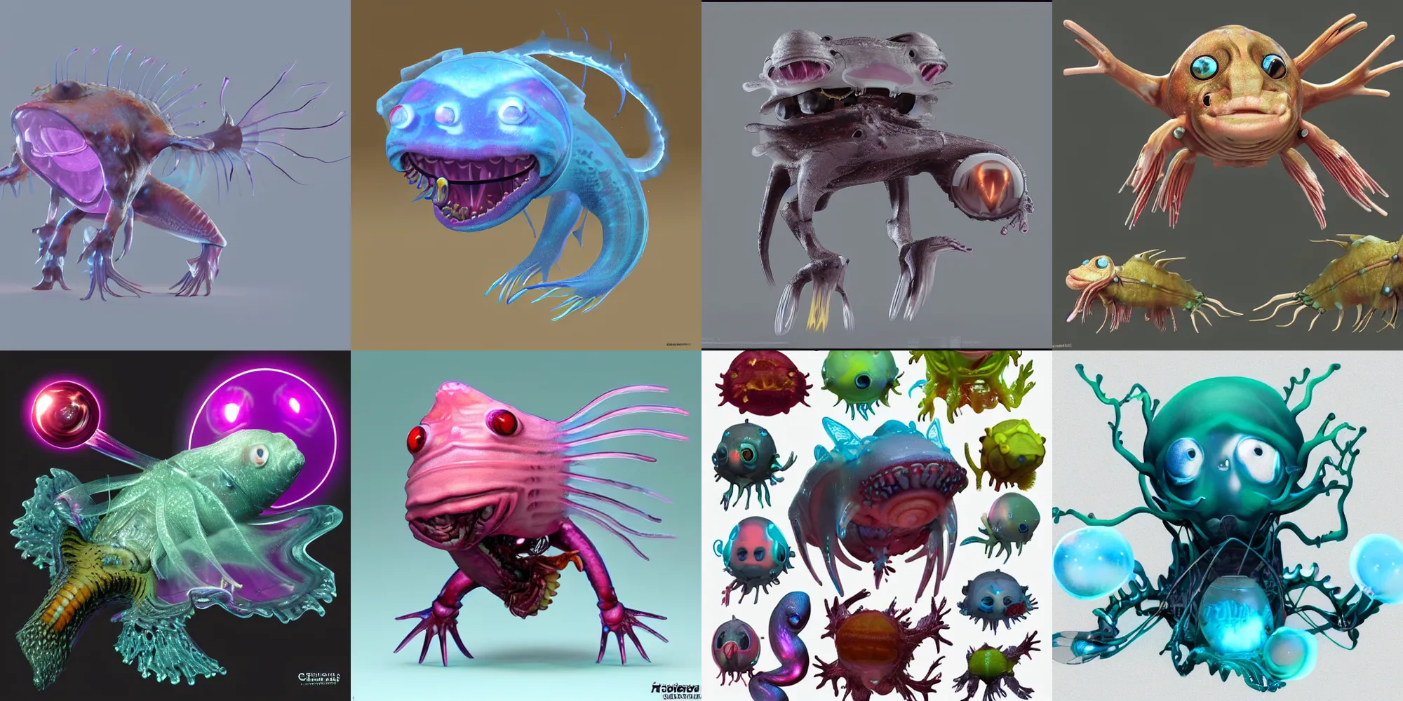 Prompt: cute! biomechanical axolotl, mouthbrooder, ghost shrimp, Barreleye fish, translucent SSS xray, Barreleye, rimlight, jelly fish dancing, fighting, bioluminescent screaming pictoplasma characterdesign toydesign toy monster creature, zbrush, octane, hardsurface modelling, artstation, cg society, by greg rutkowksi, by Eddie Mendoza, by Peter mohrbacher, by tooth wu, 8k