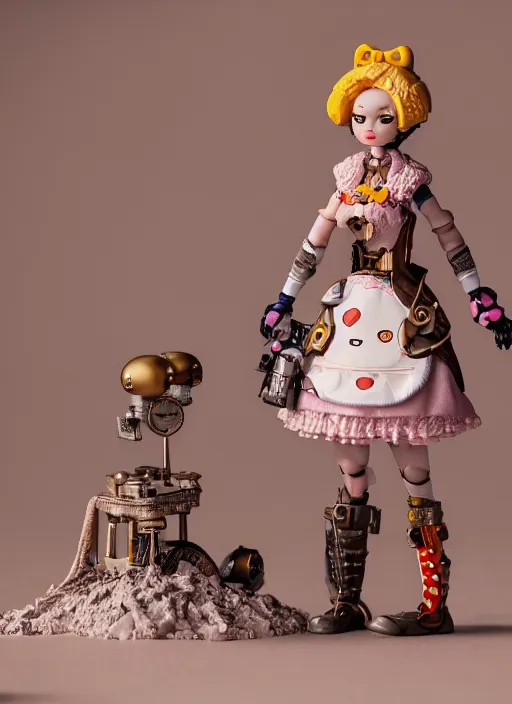 Image similar to product photography of a claymation action figure steampunk hello kitty, depth of field, zeiss lens, detailed, centered, by erwin olaf, joop geesink, wes anderson, breathtaking, 8 k resolution, extremely detailed, beautiful, establishing shot, realistic materials, hyperrealistic