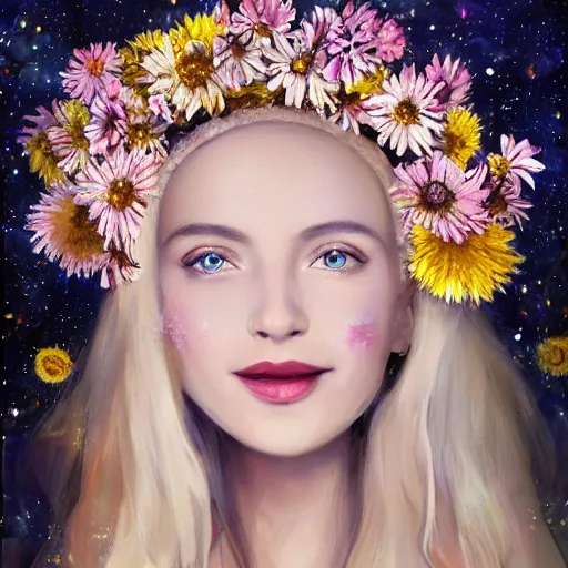 Prompt: close-up of a smiling beautiful female, blonde,, wearing a crown of daisies, beautiful happy face, ethereal, starry, space, magical atmosphere, maximalist, cinematic lighting, cinematic atmosphere, trending on artstation, cgsociety, 8k, high resolution, in the style of Faiza Maghni, David Ligare, Flora Borsi, Daniel Gerhartz, detailed intricate ink illustration, dark atmosphere, detailed illustration, hd, 4k, digital art, overdetailed art, concept art, by greg rutkowski, by loish, complementing colors, Trending on artstation, deviantart