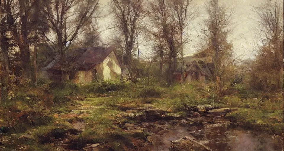 Image similar to cottage in the woods, by richard schmid