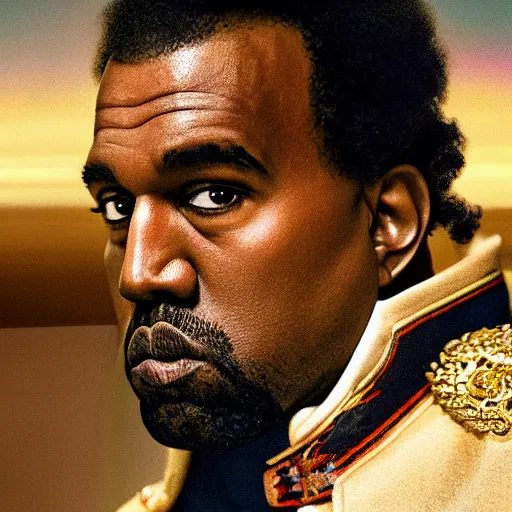 Prompt: kanye west as muammar kadhafi and emperor napoleon, splash art, movie still, detailed face, cinematic lighting, dramatic, octane render, long lens, shallow depth of field, bokeh, anamorphic lens flare, 8 k, hyper detailed, 3 5 mm film grain