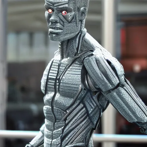 Image similar to a realistic detailed photo of a guy who is an attractive humanoid who is half robot and half humanoid, who is a male android, wrestler finn balor, shiny skin, posing like a statue, blank stare, by the pool, on display, showing off his muscles, humanoid robot, frozen ice statue