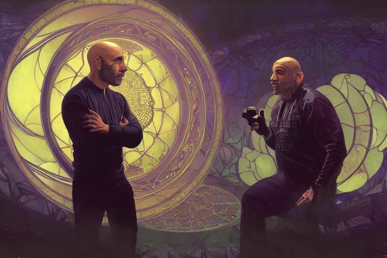 Prompt: joe rogan interviewing an inter - dimensional dmt alien, octane render, by greg rutkowski, alphonse mucha, artgerm