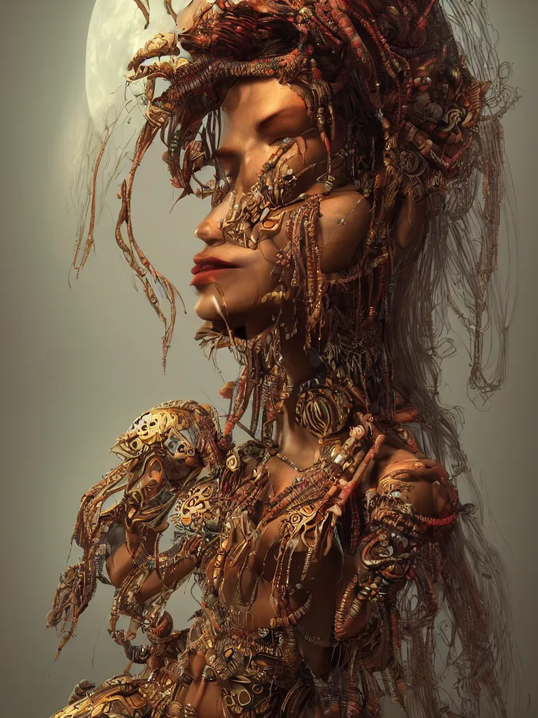 Prompt: a centered render of an alluring tribal goddess, full body, gorgeous face, perfect face, powerful, by android jones, by ellen jewett 3 d, trending on artstation, octane render, 8 k