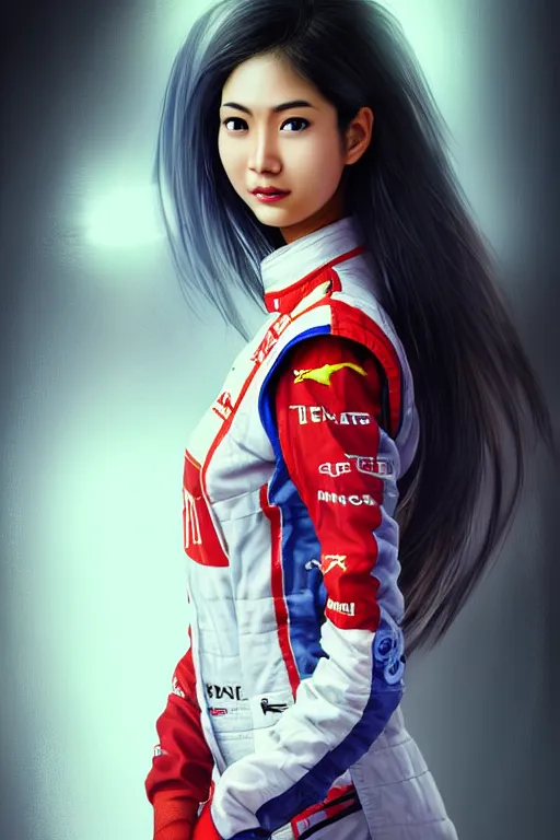 Image similar to portrait beautiful asian female formula one racer, wearing formula one racer uniform, at formula one racing car repair room, ssci-fi, fantasy, intricate, very very beautiful, elegant, human anatomy, neon light, highly detailed, digital painting, artstation, concept art, soft light, smooth, sharp focus, illustration, art and details by Brook Shaden