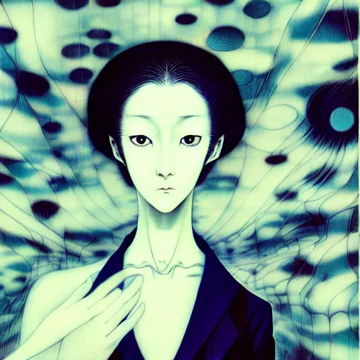 Image similar to yoshitaka amano blurred and dreamy realistic portrait of a woman with white hair and black eyes wearing dress suit with tie, junji ito abstract patterns in the background, satoshi kon anime, noisy film grain effect, highly detailed, renaissance oil painting, weird portrait angle, blurred lost edges, three quarter view