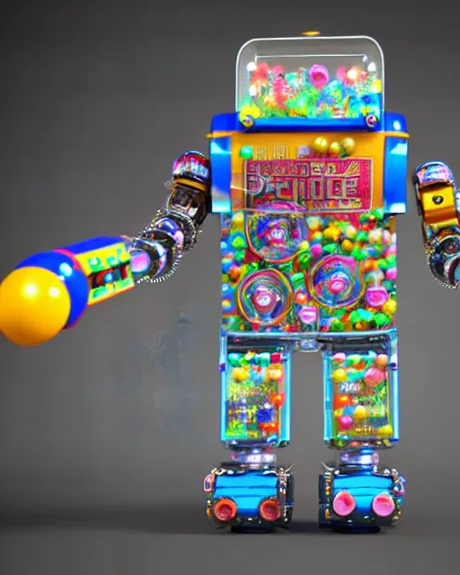 Prompt: cute elaborate epic robot made from candy and pinball machine parts in a crowded city made of arcade machines and buildings made of candy, symmetrical, bubbles everywhere, video game consoles, colored wires, translucent, clear parts, detailed by pokedstudio, rendered in blender, 3 d models
