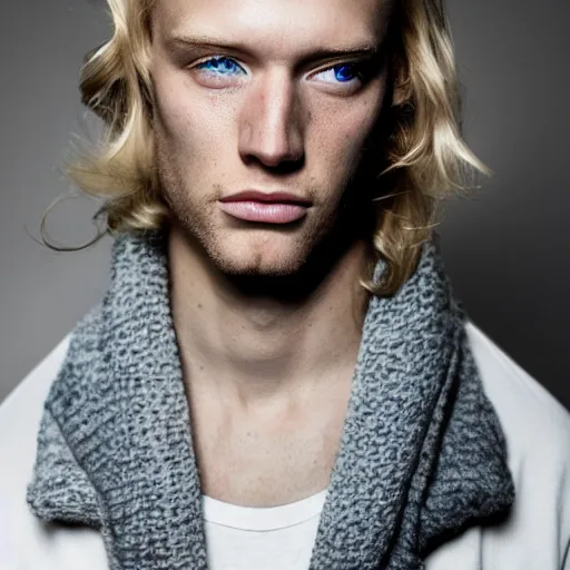 Prompt: color portrait of a beautiful blue eyed blond white male model By Emmanuel Lubezki