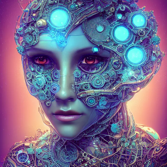 Image similar to beautiful symmetrical face portrait android woman time machine axonometric mechanical fantasy intricate elegant highly detailed in volumetric void of latent space lush flowers intricate jewellery, realm of the gods golden turquoise steampunk, axonometric high contrast cinematic light, mystical shadows, digital painting, sharp focus, octane render, photographic, concept art, artist leonardo davinci, unreal engine 8 k