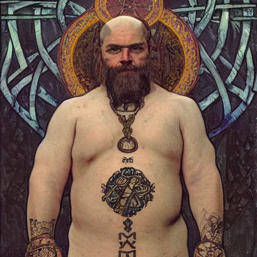 Image similar to portrait of man with knotwork runic facial tattoos, bald, middle-aged Slavic Viking priest wearing thick fur collar and vestments, and standing tall in the blizzard, with fading blue woad tattoos on forehead, head, and cheeks, portrait by Anato Finnstark, Alphonse Mucha, and Greg Rutkowski