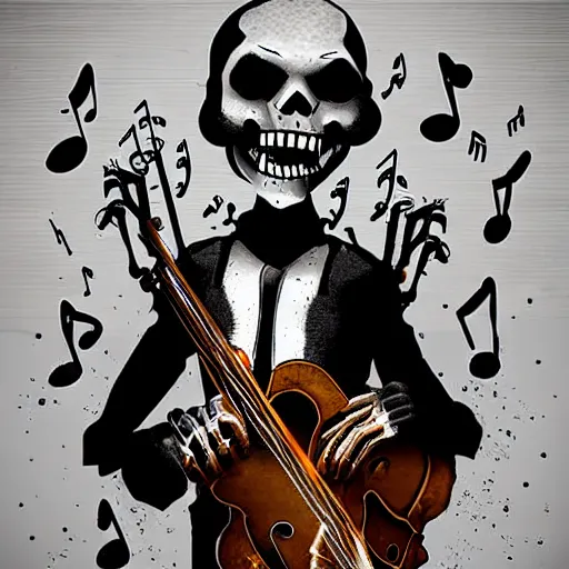 Image similar to zombie musician playing music for the dead, 8k, zombies, skeletons, ghosts, boo, realistic,