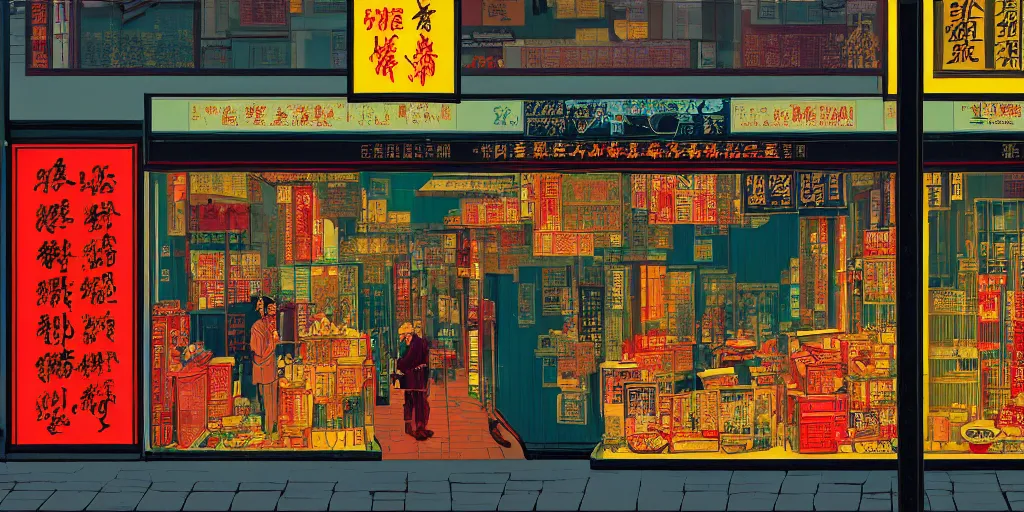 Image similar to a shop window in hong kong, by dan mumford and peter doig and edward hopper, minimal, black in, thick lines highly detailed, muted colours, overlaid with chinese adverts, 8 k