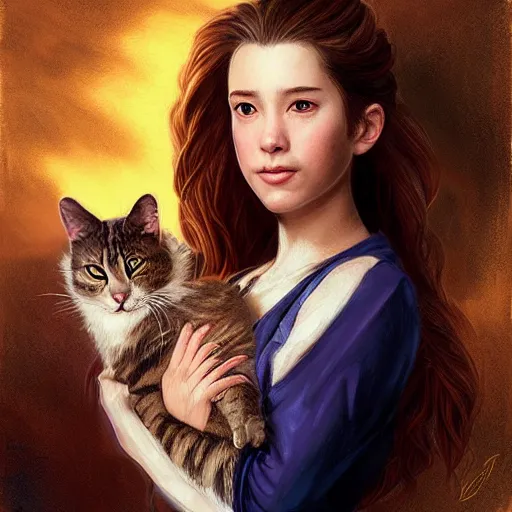 Prompt: Aerith Gainsborough holding a cat portrait, atmospheric lighting, painted, intricate, volumetric lighting, beautiful, rich deep colors masterpiece, golden hour, sharp focus, ultra detailed, by Leesha Hannigan, Ross Tran, Thierry Doizon, Kai Carpenter,Ignacio Fernández Ríos