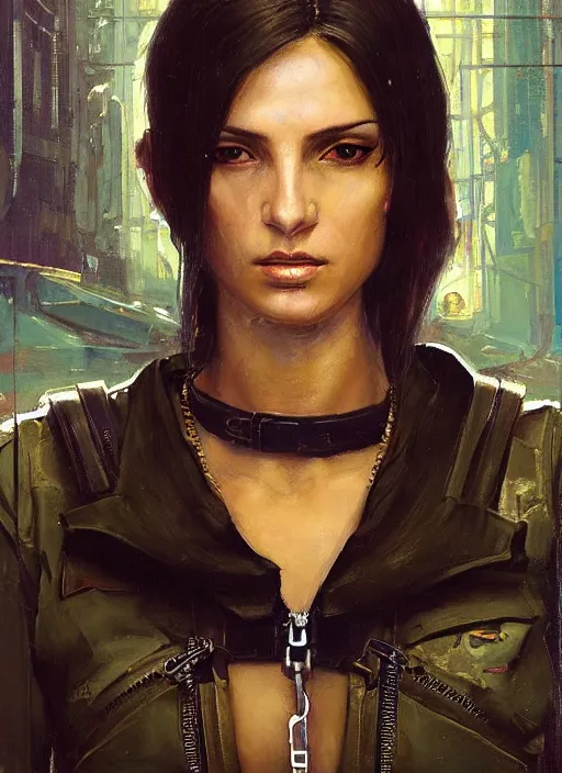 Image similar to Nikki. dangerous beautiful cyberpunk female USN marine wearing a military vest and military jumpsuit (cyberpunk 2077, bladerunner 2049). gorgeous face. Iranian orientalist portrait by john william waterhouse and Edwin Longsden Long and Theodore Ralli and Nasreddine Dinet, oil on canvas. Cinematic, hyper realism, realistic proportions, dramatic lighting, high detail 4k