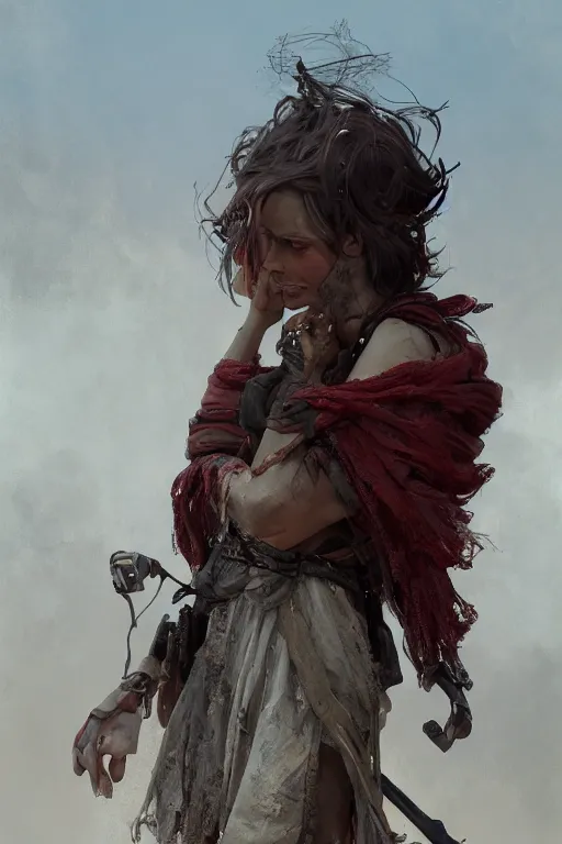 Image similar to a full body portrait of a beautiful post apocalyptic offworld butchers district bedouin blind pulp fiction scarlet wild rogue barbarian leper begging by the roadside, intricate, elegant, highly detailed, digital painting, artstation, concept art, smooth, sharp focus, illustration, art by krenz cushart and artem demura and alphonse mucha