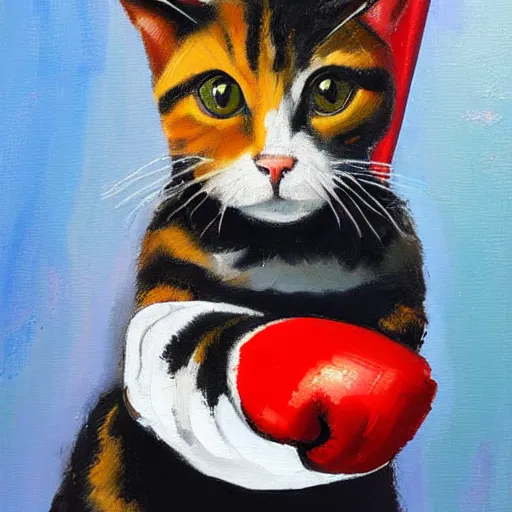 Image similar to palette knife oil painting of a cat wearing a boxing gloves