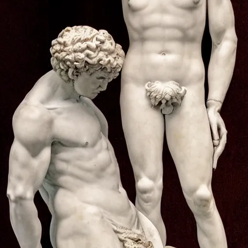 Prompt: two men, forbidden love, seperated by a deity, on one side is light on the other is darkness, body type is michelangelo's david in a renaissance style - h 9 0 0