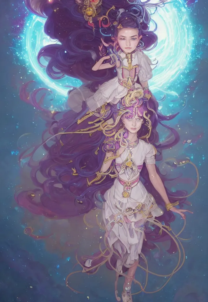 Image similar to full body picture of an maximalist dress magical girl, neat hair with bangs, smug face, extremely beautiful and aesthetic and detailed cute face and eyes, wipe out evils with cute astronaut familiar sprites, aming the magical beams to the camera, chiaroscuro, intricate, masterpiece, epic fantasy illustrations by peter mohrbacher and anato finnstark and jeremy lipking