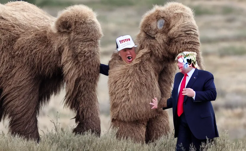 Image similar to Donald Trump in a baby mammoth costume , with an open face