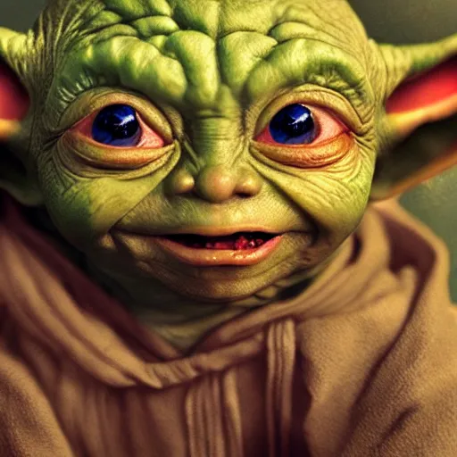 Image similar to Very very very very highly detailed epic central composition photo of baby Yoda as Gollum face, intricate, happy colors, extremely detailed, digital painting, smooth, sharp focus, illustration, volumetric lighting, incredible art by Brooke Shaden, artstation, concept art, Octane render in Maya and Houdini