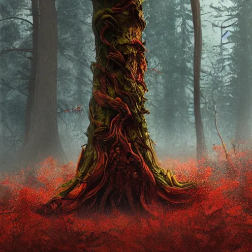 Prompt: concept art, rotten tree spirit lost in a dark foggy red forest, extremely detailed, golden ratio, octane render