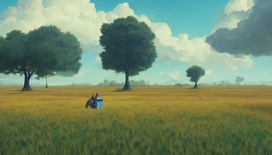 Prompt: floating hexagon in the sky, wheat field harvesting, big tree, person, matte painting, art station, blue sky, simon stalenhag