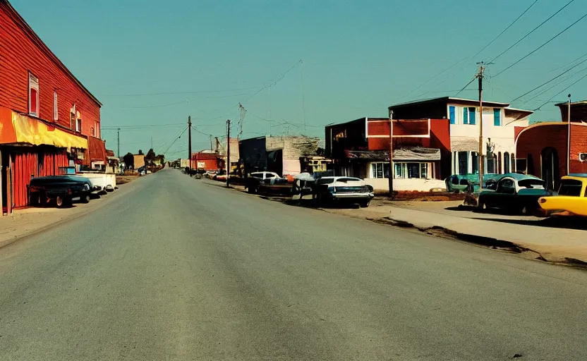 Prompt: photo of a colorful rural town by William Eggleston