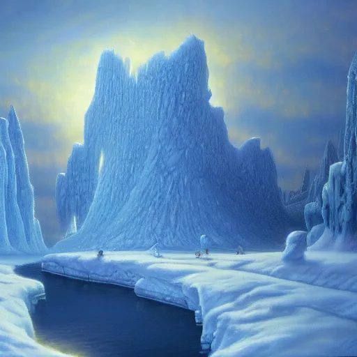 Image similar to hd wallpaper of ice castles in the north pole, trending on artstationhq, artwork by bob eggleton