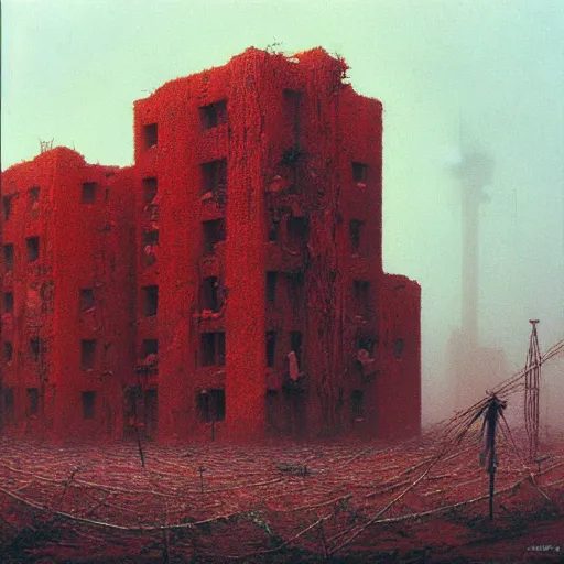 Prompt: surrealist painting of a brutalist building turning into meat, red webs, post apocalyptic, painted by beksinski