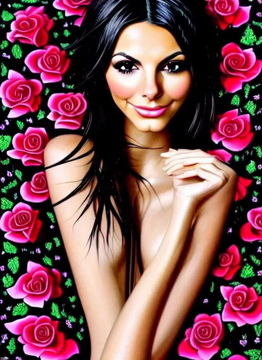 Image similar to amazingly complex portrait of Victoria Justice laying in a bed of black roses as a goddess staring curiously at you. soft detailed painting at 16K resolution and amazingly epic visuals. epically beautiful image. amazing effect, image looks gorgeously crisp as far as it's visual fidelity goes, absolutely outstanding. vivid clarity. ultra detail. iridescent. mind-breaking. mega-beautiful pencil shadowing. beautiful face. Ultra High Definition. soft shading. soft texture. intensely beautiful.