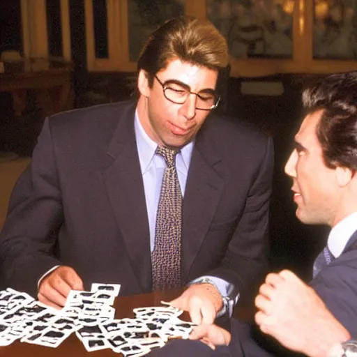 Prompt: Patrick Balkany playing cards with John Travolta