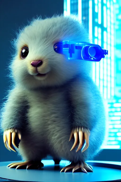 Image similar to high quality 3 d render sci - fi very cute fluffy! wombat!! cyborg with futuristic mechanical parts, cyberpunk monocle!, highly detailed, vray cinematic smooth, in the style of detective pikachu, hannah yata charlie immer, dark blue neon light, low angle, uhd 8 k, sharp focus